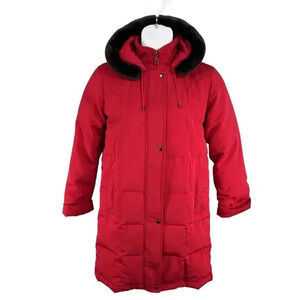 Centigrade Womens XS Down Red Jacket Removable Faux Fur Hood Long Quilted Coat